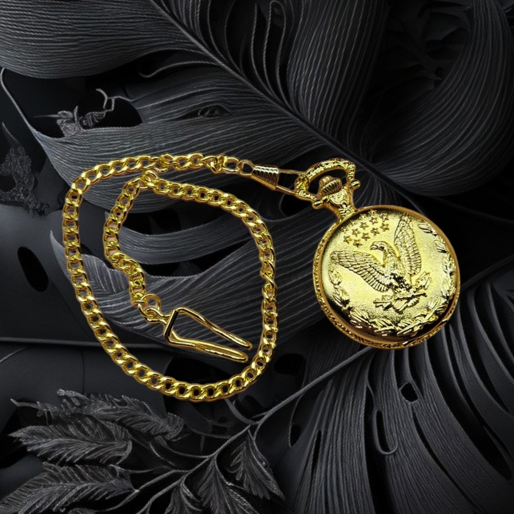 Quortz Gold-toned Japan Movement Eagle Pocket Watch w/ Chain, Never Used